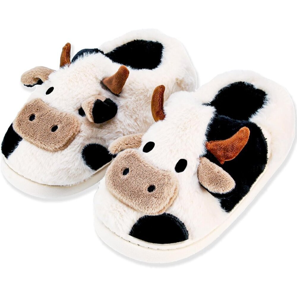 Cow Slippers for Women Men Faux Fur Cozy Fluffy Indoor Outdoor House Shoes